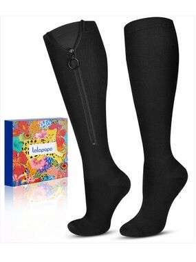 Lalapapa Black Zippered Knee-High Compression Socks S/M